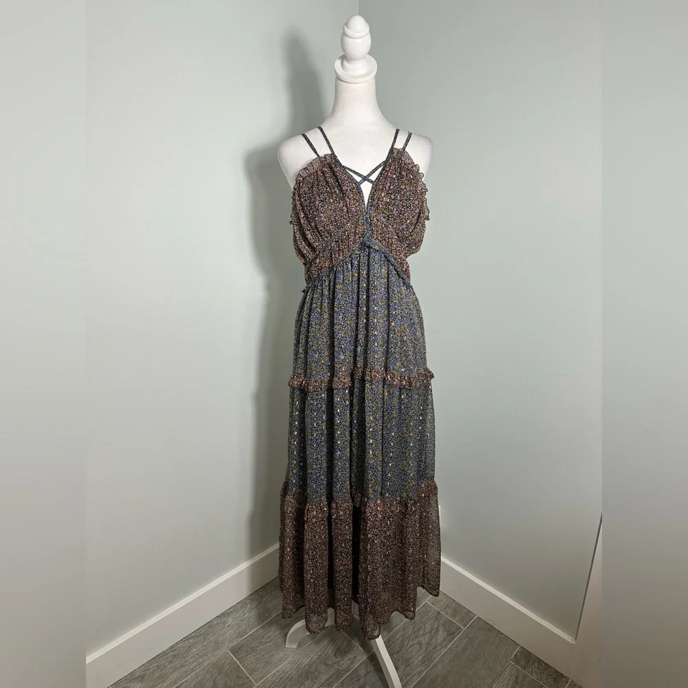 Lucky Brand Ruffle Floral Maxi Sundress Blue Brown w Gold  Size Large - Picture 3 of 16